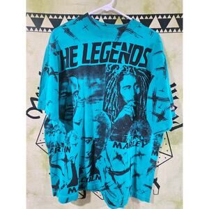 90s Legends AOP Rap Tee — MLK, Malcolm X, Bob Marley (Teal, M fits L)